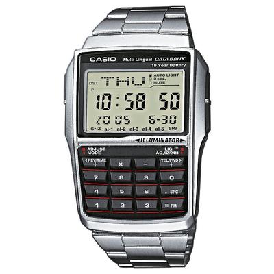 Chronograph CASIO VINTAGE, silber (silberfarben, schwarz), Armbanduhren, Damen, Chronograph, Quarzuhr, Armbanduhr, Taschenrechner, digital, Edelstahlarmband