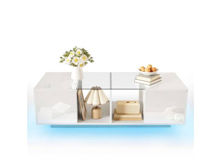 Table basse blanche contemporaine LED plateau laqué 120x50x38 5 cm TABLE BASSE