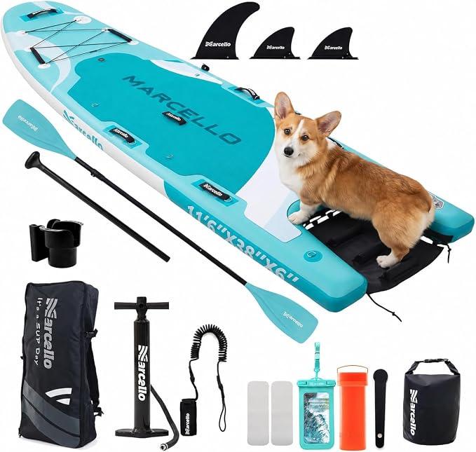Paddle Board, 11'5x38"x6" Extra Breit Aufblasbares Stand Up Paddle Board mit Hunderampe und Kajaksitz, Doppelpaddels, Doppelte Handpumpe & Alle Zubehörteile für Erwachsene