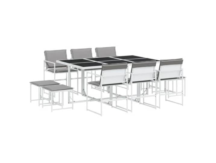 PUGYNBK Garten-Esszimmer Set 11 Stück mit weißen Textilkissen Klappbare Rückenlehne, abnehmbare Abdeckung, Oberfläche aus gehärtetem Glas, Stahlkonstruktion