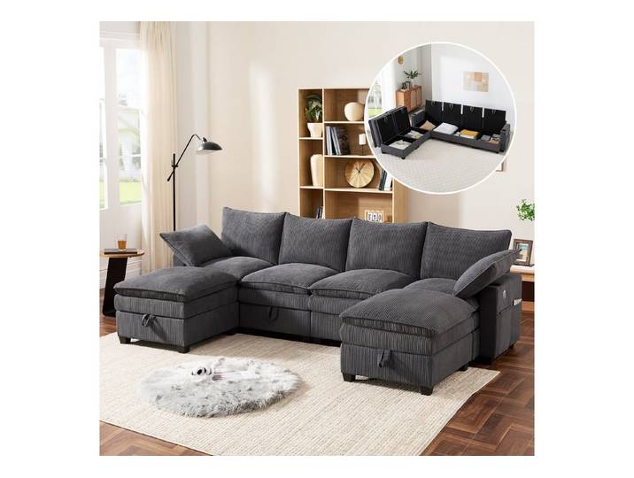 OKWISH Ecksofa L-förmiges Sofa, Modulares Sofa, Cordbezug, Set, Abnehmbarem Fußhocker, USB-Anschlüssen, Staufächern