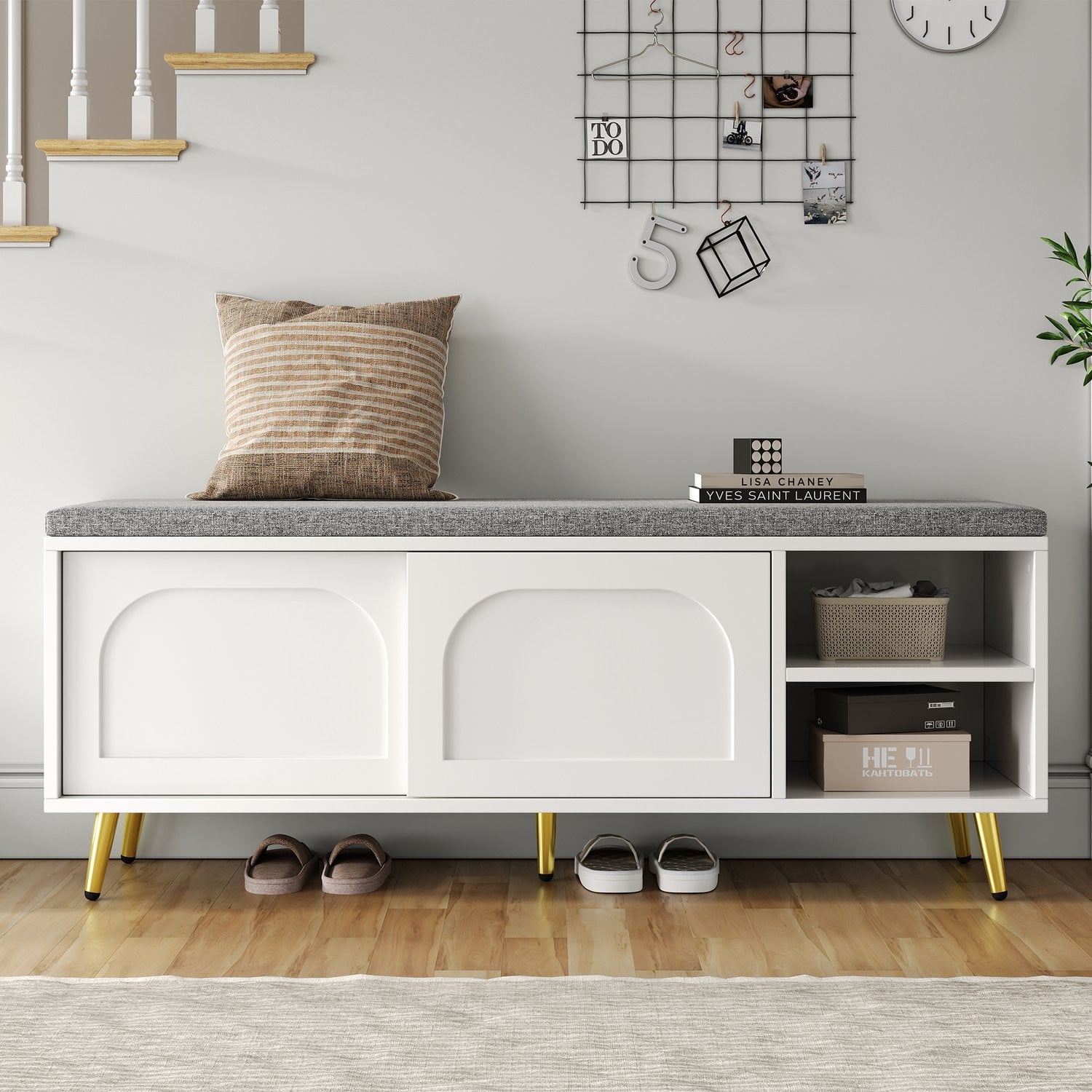 CHICFURN Schoenenkast met zitbank, deuren en open vakken, Wit