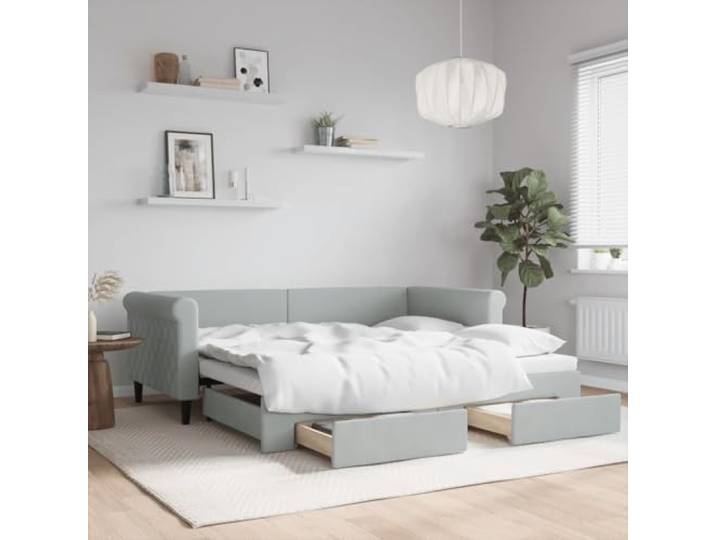 RJPLMFV Tagesbett mit Ausziehbett und Schubladen, hellgrau, 90 x 190 cm, Velours