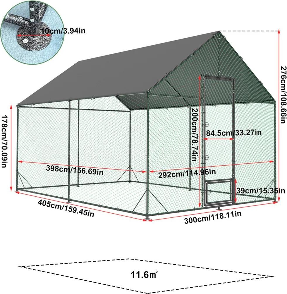 Outdoor Hühnergehege XL - Metall Hühnerstall und Auslauf - Wasserfeste 600D Oxford-Abdeckung - UV-Schutz - Hoher Eingang mit Türschloss - Für Hühner, Enten, Gänse - Grün/Silber/Grau