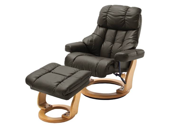 Relaxsessel mit Hocker Grau/Schlamm Kontaktflächen: Echtleder Rückseiten: Kunstleder Gestell: Formholz Hellbraun 90 x 104 x 91cm