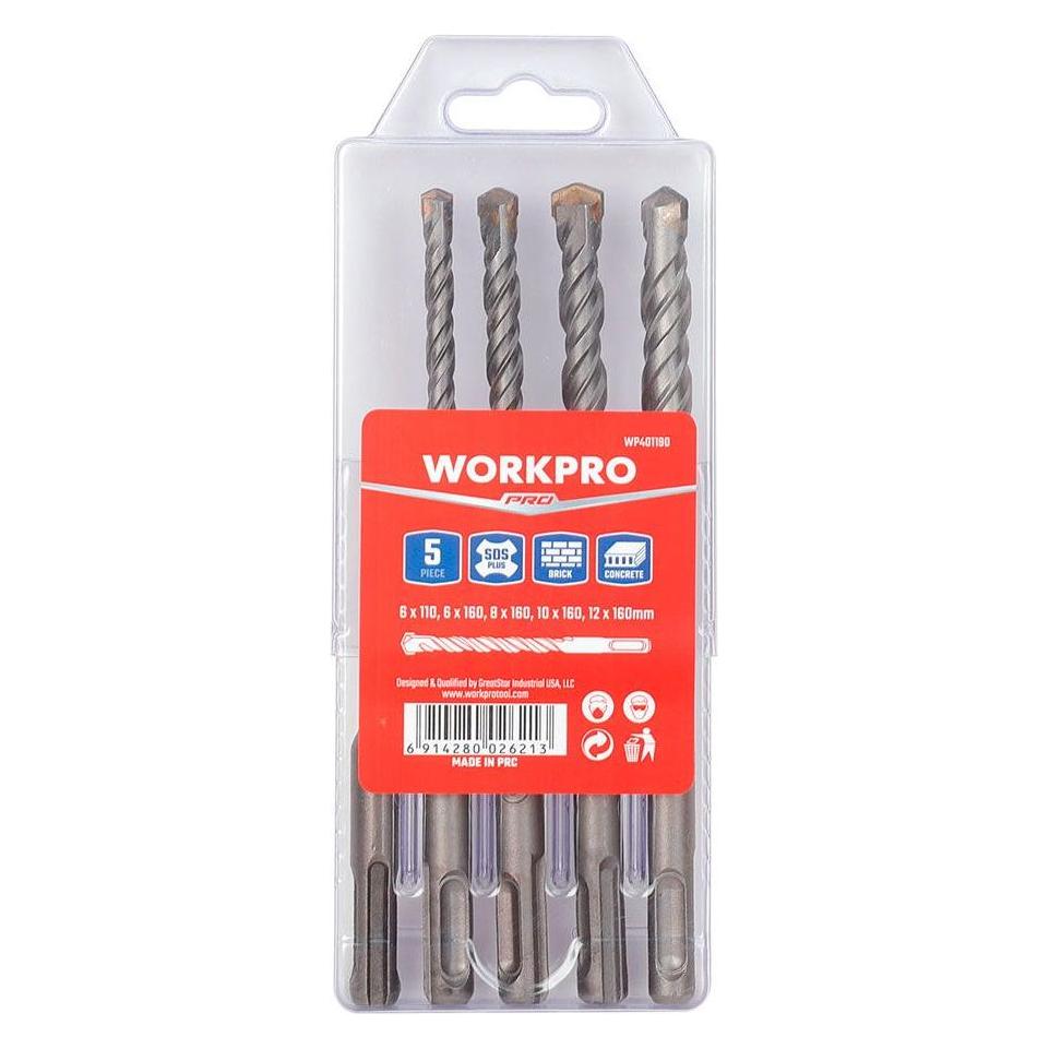 Workpro Sds-plus masonry drill bits, ø6.00 x 110 / ø6 - 12 x 160 mm, 5-piece set (65344921)