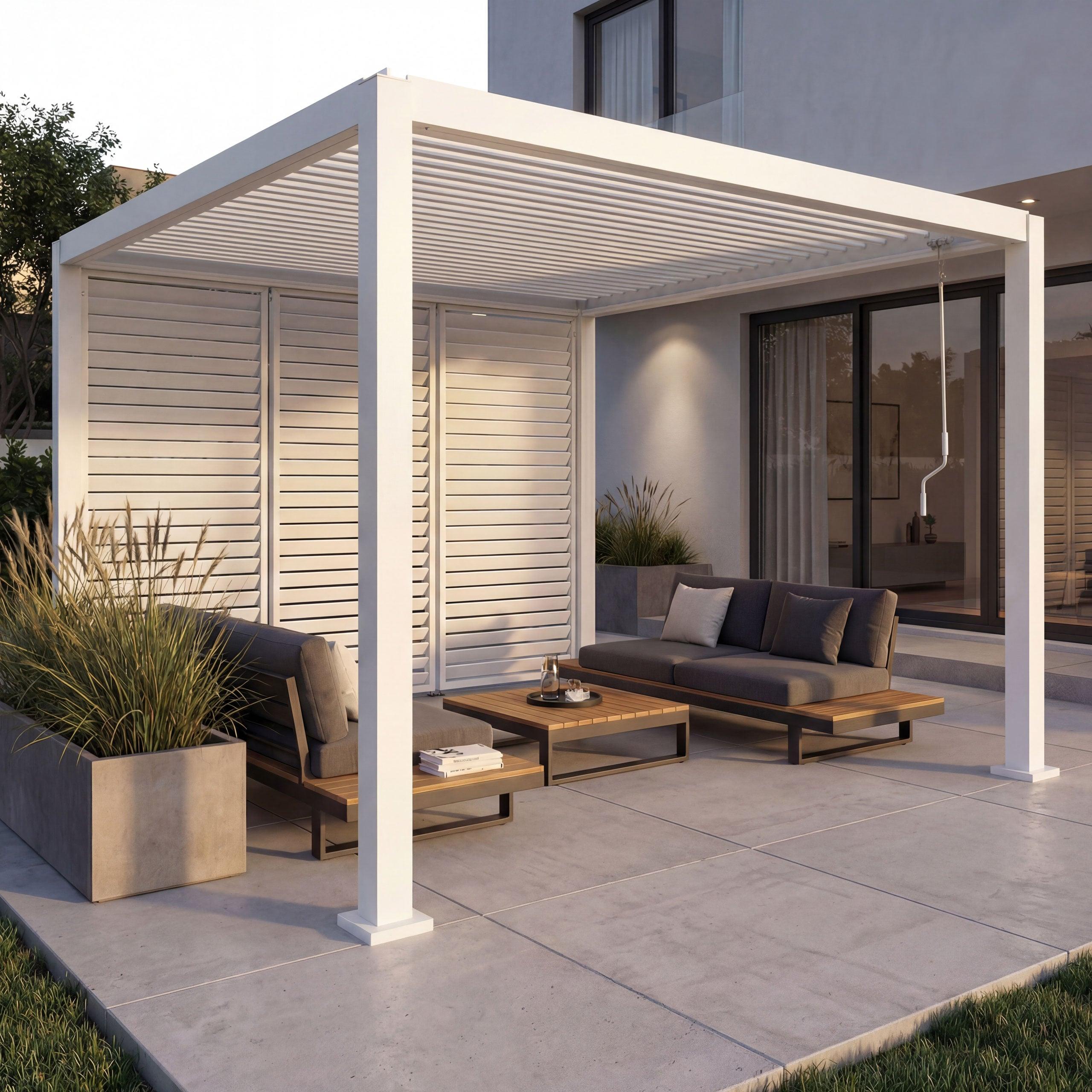 Pergola HWC-P65 mit 3x Lamellenwand, Terrassenüberdachung Garten Lamellen-Pavillon, 10cm-Alu-Gestell 3x3m weiß