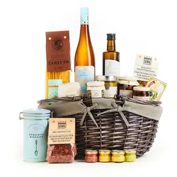 fein und kostbar Geschenkkorb Meeresrauschen, 12-teilig, gefüllt mit mediterranen Spezialitäten