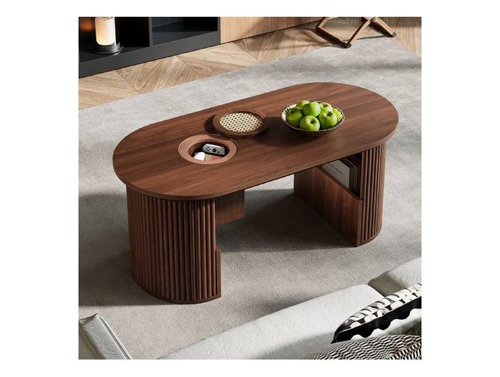 STILVORA Couchtisch mit integrierte Ablagefächer und Ablagefläche Sofatisch im Retro-Stil (Kaffeetisch im Retro-Stil mit vertikaler Textur, Ovale Form mit vertikaler Maserung), Abgerundete Ecken verhindern Stöße