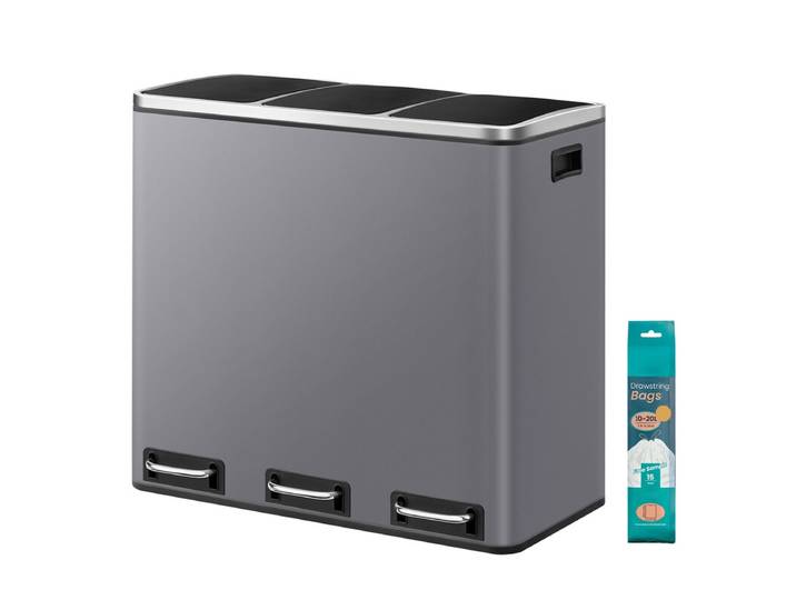 JOYFURNOS Poubelle de tri à trois compartiments, Poubelle à pédale 3 x 18 L avec couvercles à fermeture douce, Acier, pour cuisine, Gris