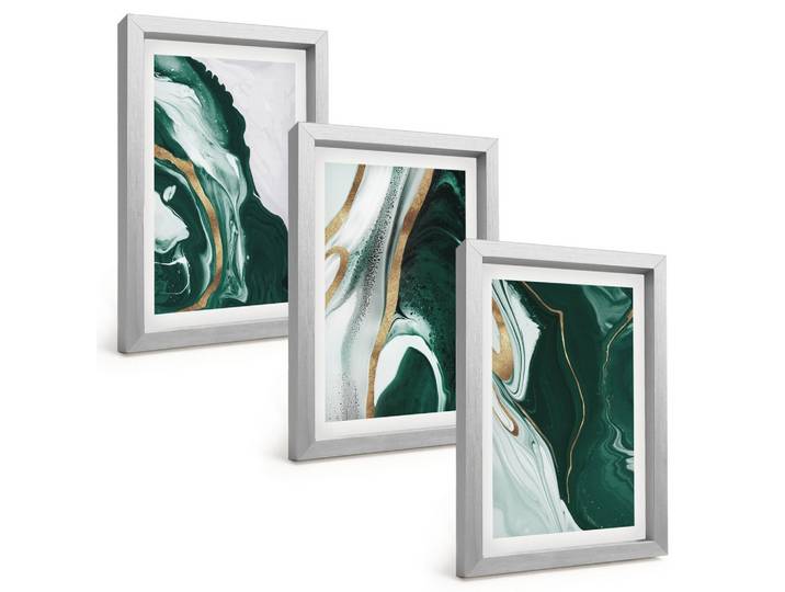 BILDER SET 3er Set - 20x30 cm Silberner Rahmen - Abstrakte grüne Farbmuster