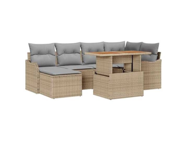 GHVBNMF Garten-Sofa-Set 7-Teilig Beige Hellgrau Poly-Rattan Modular Lounge Modulare Rattan Gartenmöbel mit integriertem Stauraum und Akazienholz Tischplatte für Terrasse, Balkon und Gartenbereich.