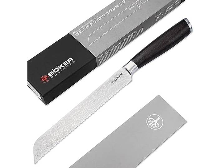 BÖKER GERMANY Meisterklinge Damast Brotmesser mit Wellenschliff & Holzgriff extrem scharfes Premium Brot- und Brötchen-Messer 20 cm mit Räucher-Eiche Holzgriff in Geschenk-Box - Made in Germany