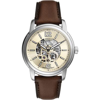 Automatikuhr FOSSIL "HERITAGE", braun (braun, creme, creme), Armbanduhren, Herren, silberfarben, Automatikuhr, Armbanduhr, Herrenuhr, Mechanische Uhr, Lederarmband, analog