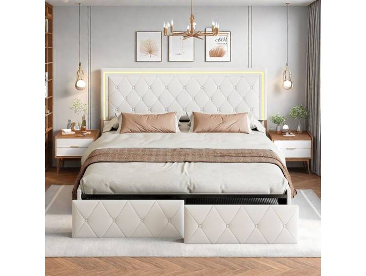 Lit double TANANT 160x200 cm - 4 tiroirs - LED intégrée - Tissu PU - Beige