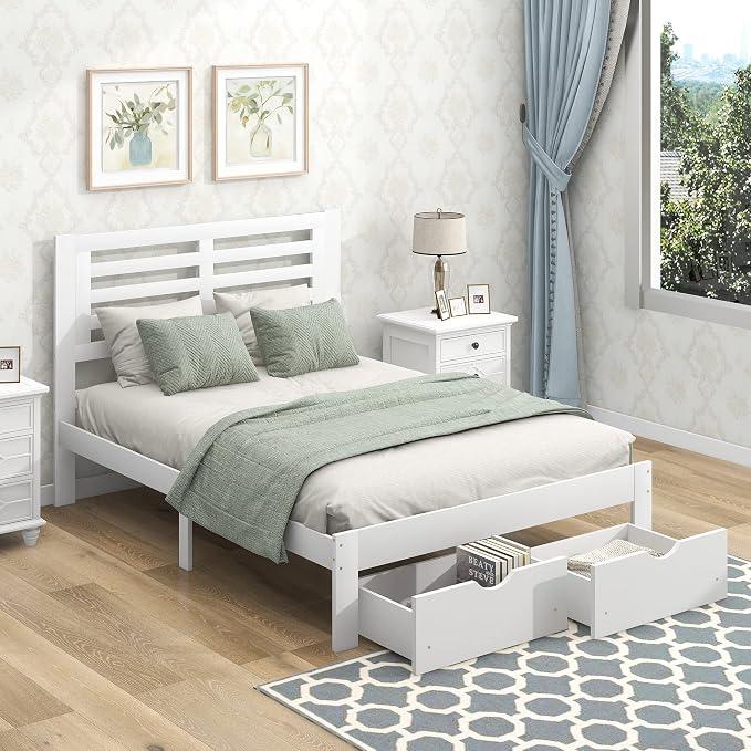 Bett 140x200 mit Schubladen und Lattenrost Bettgestell aus Massivholz mit Kopfteil für Erwachsene, Kinder-, Jugend Doppelbett