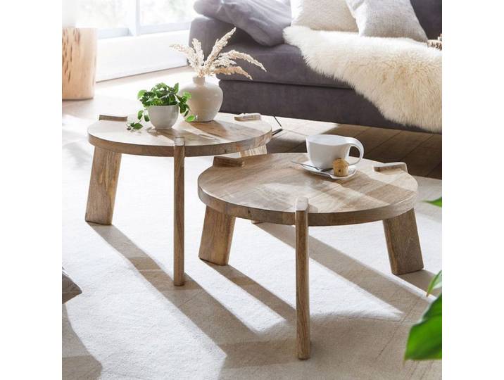 Table basse en bois massif de mangue - WOHNLING - Lot de 2 tables gigognes rondes - Marron - Laqué