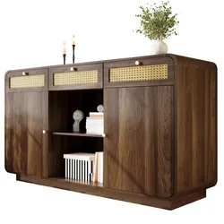 MODFU Sideboard Kommode Nussbaum 120x40x85 cm mit Rattanfronten 3 Schubladen 2 Schranktüren offenes Regal höhenverstellbare Böden