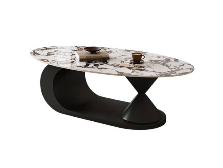 Couchtisch Oval Aus Sinterstein mit Asymmetrischem Metallgestell,Italienischer Minimalismus,Abgerundete Tischkanten,für Das Wohnzimmer,Verschiedene Oberflächen D,120CM