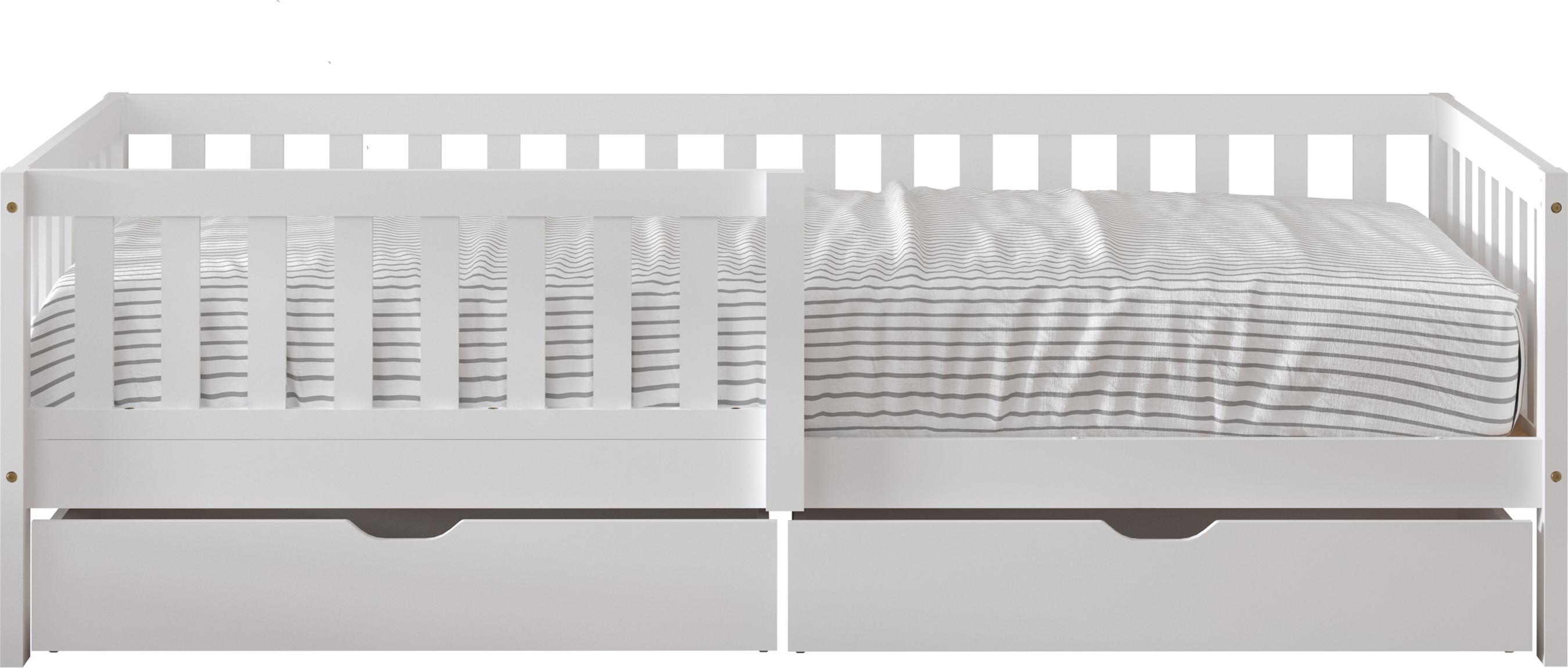 Sunny Isa Kinderbett aus Holz mit 2 Schubladen in Weiß | Bett Ohne Matratze | Einzelbett mit Rausfallschutz in 206 x 98 cm | Für Matratzengröße: 90 x 200 cm