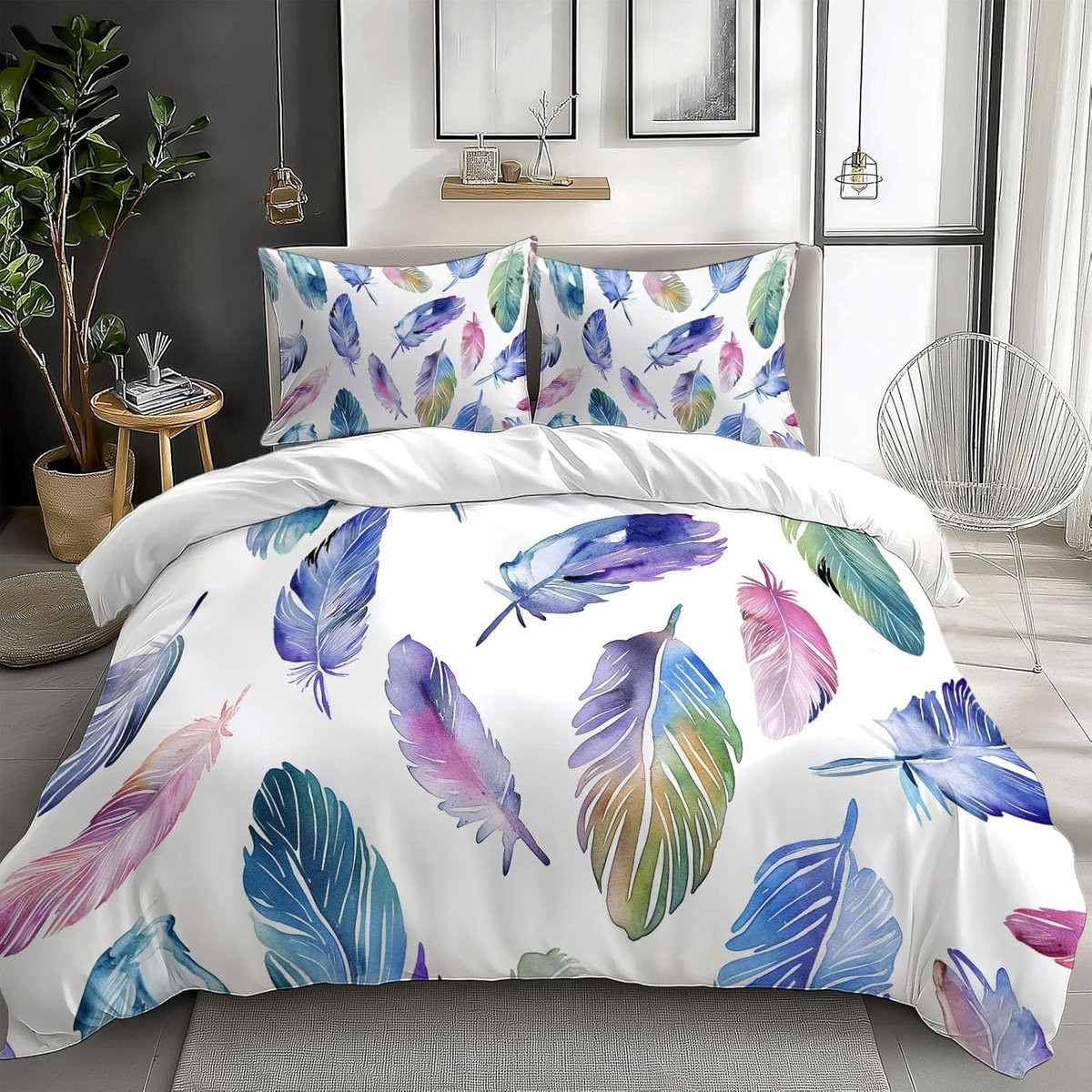 Dekbedovertrek Set met Kussenslopen - Waterverf Veer Design - Boho Stijl - 180 x 200 cm