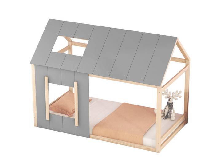 Modfu Hausbett aus Kiefernholz 90x200 cm Natur/Grau im Hausdesign mit Dach, Fenster und offenem Rahmen, 90x200 cm, Babymöbel & Kindermöbel, Kinderzimmer & Jugendzimmer, Kinderbetten, Spielbetten