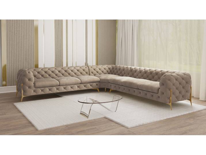S-Style Möbel Natalie - Chesterfield Ecksofa mit Goldene Metall Füßen - Dunkle Creme