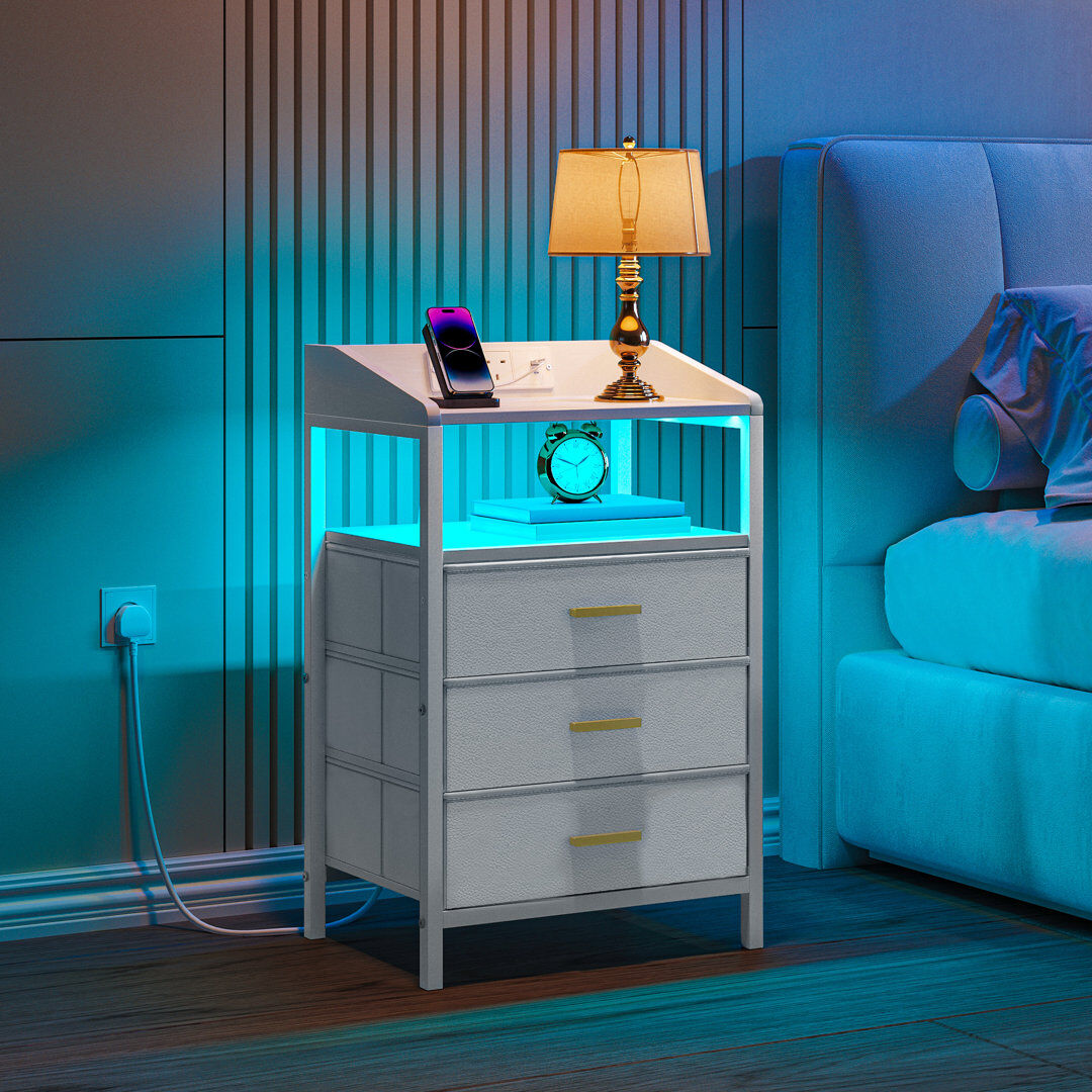 Metro Bedside Tables Set of 2 with LED Lights and Charging Station, Bedside Cabinet with 3 Fabric Storage Drawers and Shelves, Nightstand with USB Ports&Typ White 66cm H X 40cm W X 30cm D