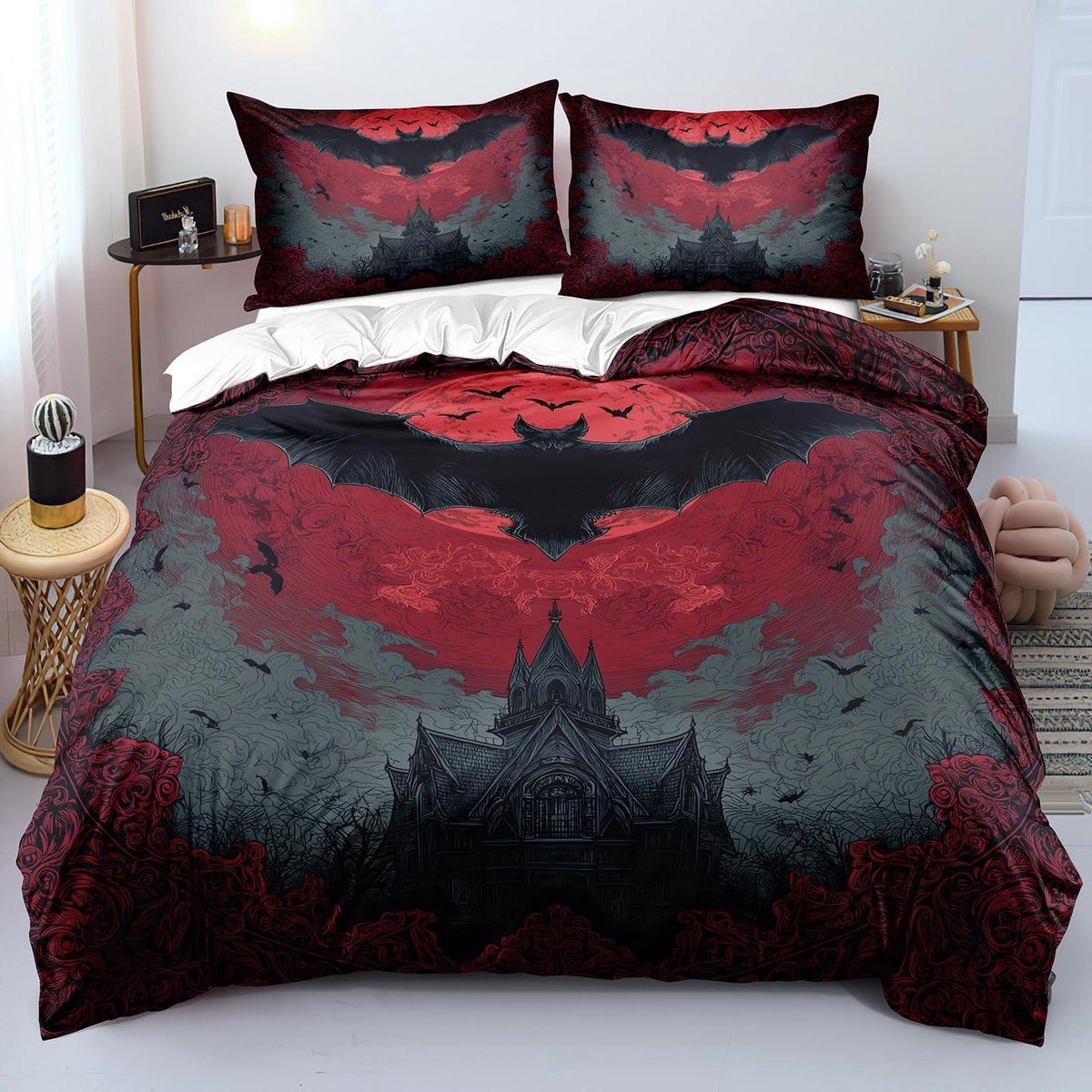 Dekbedovertrek Set Halloween Rood Zwart - Zacht Microvezel Beddengoed - 140 x 200 cm