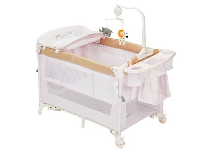 5-in-1 Baby-Spielbett mit Wickeltisch & Rollen, Laufstall & Reisebett Höhenverstellbar, Klappbar, inkl. Matratze, Musikmobile & Tragetasche, bis 15 kg, 109 × 69 × 75cm, Khaki