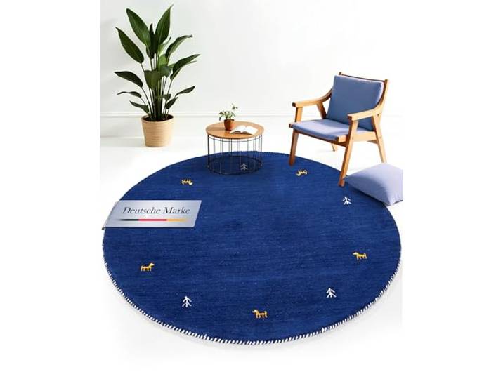 carpetfine Wollteppich Gabbeh Uni Rund Blau Ø 250 Moderner Teppich für Wohn- und Schlafzimmer
