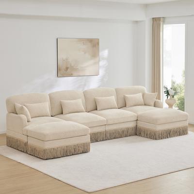 "GDFStudio - 131"" Leopard Print Chenille U-Shaped 4-Seater Modular Sofa with Tassel Edge & 2 Movable Ottomans"