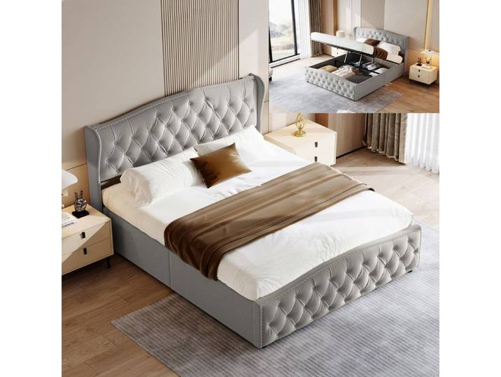 Structure de lit - 160x200 cm- tissu en Velours - cadre de lit adulte - lit adulte 160x200 cm - Gris