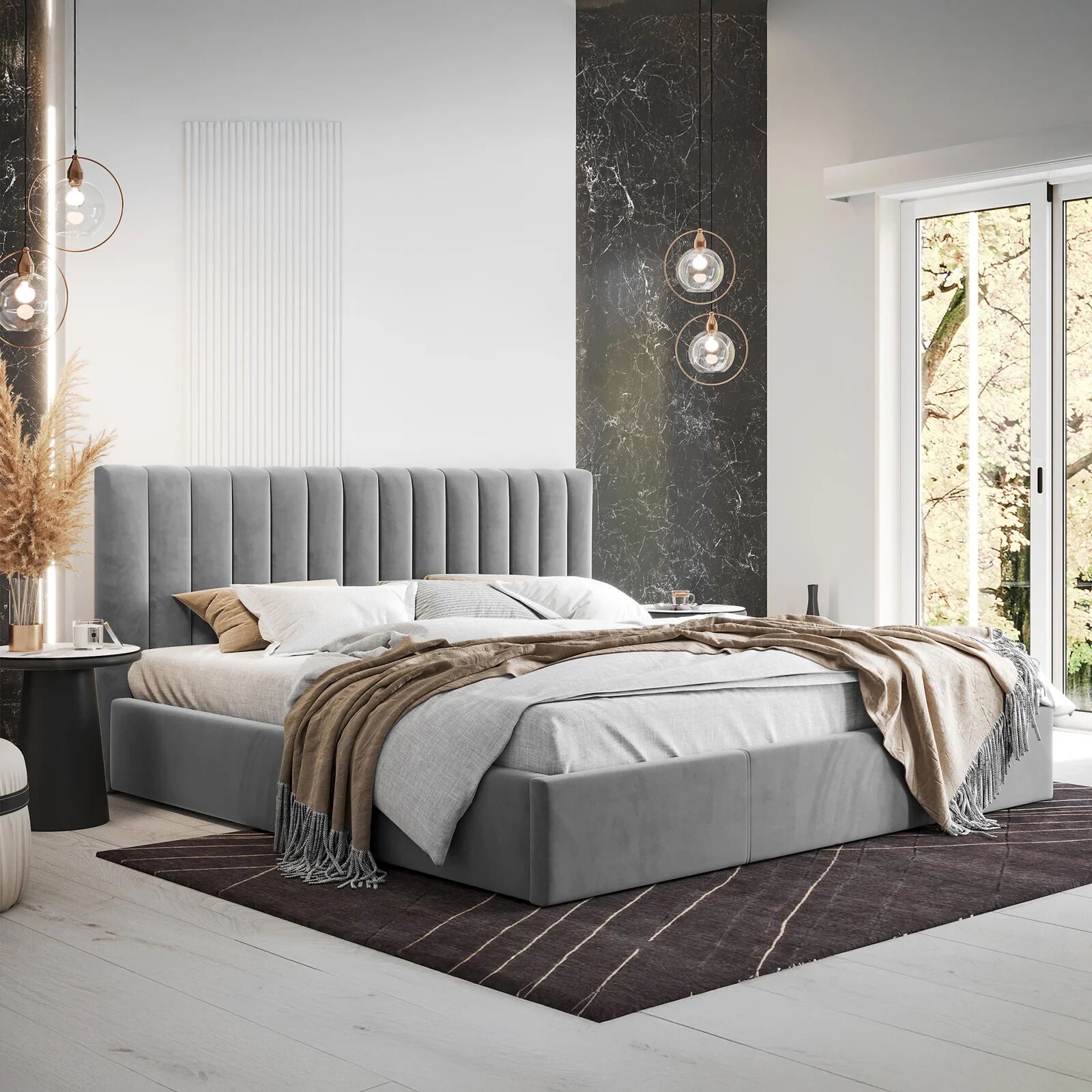 garneroarredamenti Letto matrimoniale 160x200 cm con rete contenitore imbottito grigio Orione