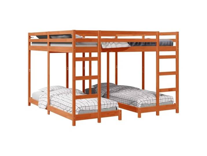 PUGYNBK Dreifach-Etagenbett in Wachsbraun, 200 x 200 cm Massives Kiefernholz, 2 Treppen, Sicherheitsgeländer, platzsparend