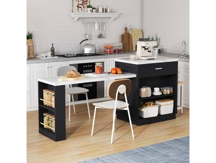 ModernLuxe Kücheninsel mit Ausziehbarem Esstisch & Steckdose, Küchentisch für 4–6 Personen, Küchenwagen mit Stauraum, 2 Schubladen & Regalen, Rollbarer Küchenschrank mit Arbeitsplatte