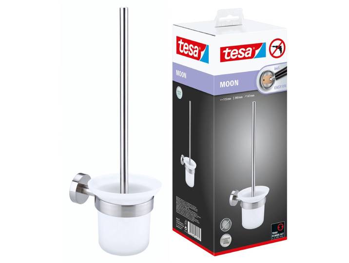 tesa toiletborstel Moon roestvrijstalen look zelfklevend zonder boren – 145x112x379mm