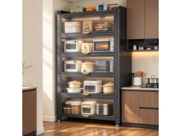 LJWFZBD Küchenschrank mit transparenten Türen, freistehendes Küchenregal Stabiler Metallrahmen, klappbare PC-Türen,platzsparend, Befestigung mit Schrauben(6 Tiers-23.6 W*12.6 D*72.4 H)