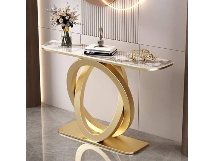 HARELA Moderner Konsolentisch mit Metallfuß, Eingangsbereich Deko Tisch, Oberfläche aus Marmoriertes Muster, Infacher Sofa Tisch, für Eingang, Flur, Vorzimmer, Wohnzimmer(Gold B,100cm/39.4in)