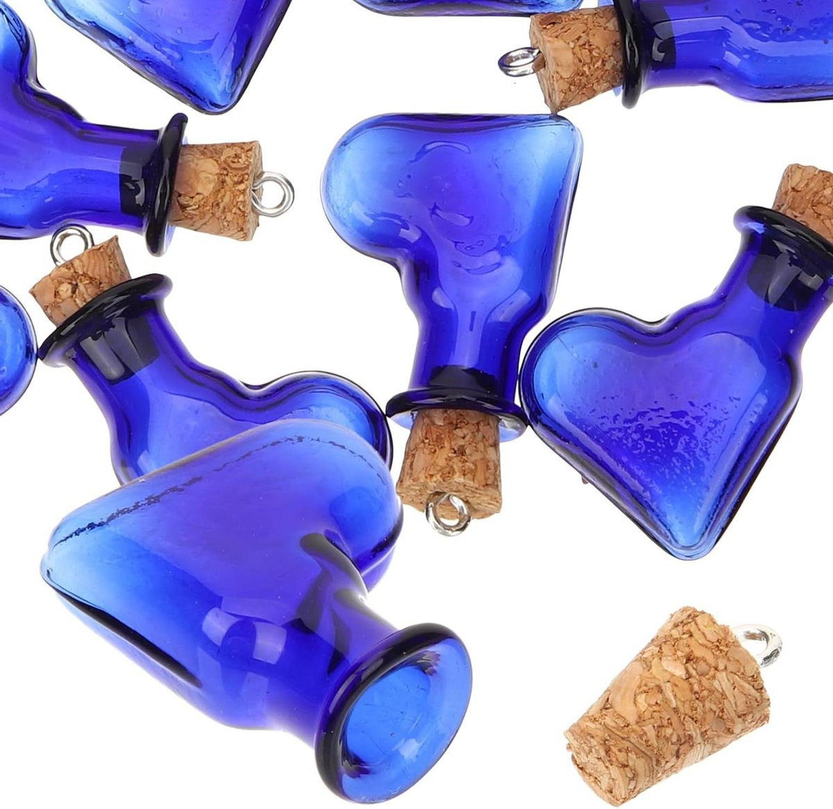 Set van 10 blauwe hartvormige mini glazen flesjes voor knutselen en decoratie