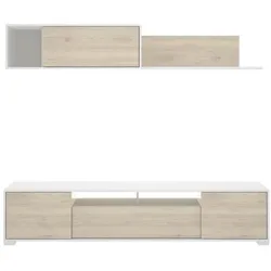 KEN, TV Möbel, TV-Lounge-Komposition - - Weiss glänzend / Eiche - Türen und Regal - 200 x 41 x 180 cm (200 x 41 x 180 cm)