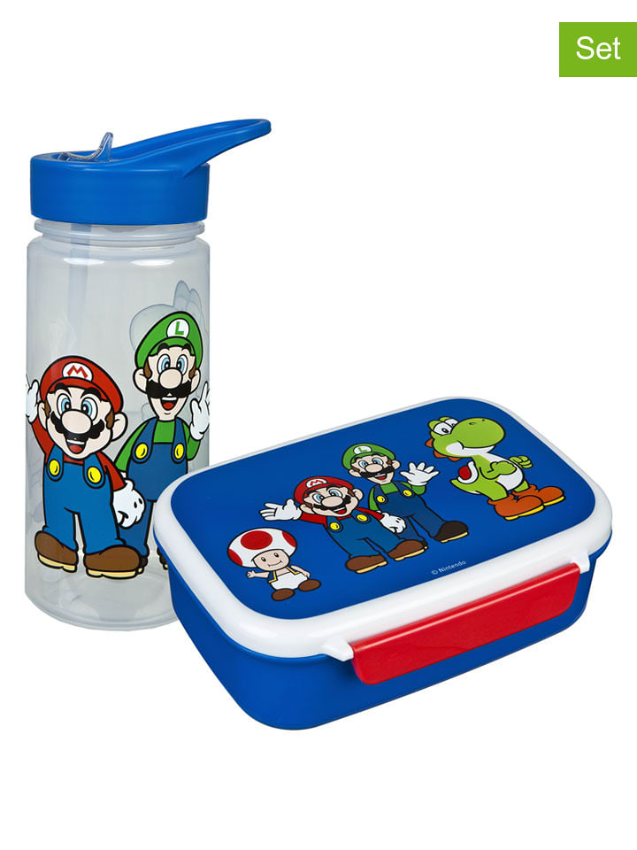 SCOOLI 2tlg. Set: Brotzeitdose & Trinkflasche "Super Mario" in Blau/ Rot - onesize