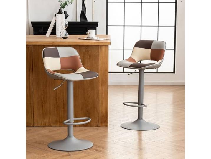 YOUNIKE Barhocker 2er Set, Boho-Barhocker im farbenfrohen Patchwork-Stil, Barstühle Höhenverstellbar Drehstuhl, Küchenstühle Tresenstuhl mit Hohler Rückenlehne für Bartheke Küche, Grau Beige