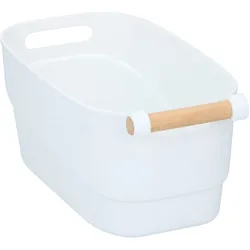 Aufbewahrungsbox aus Kunststoff mit Bambusgriff - Elegante Organisation für Bad & Büro - 27x14.5x12 cm - Vielseitig einsetzbar - Weiss