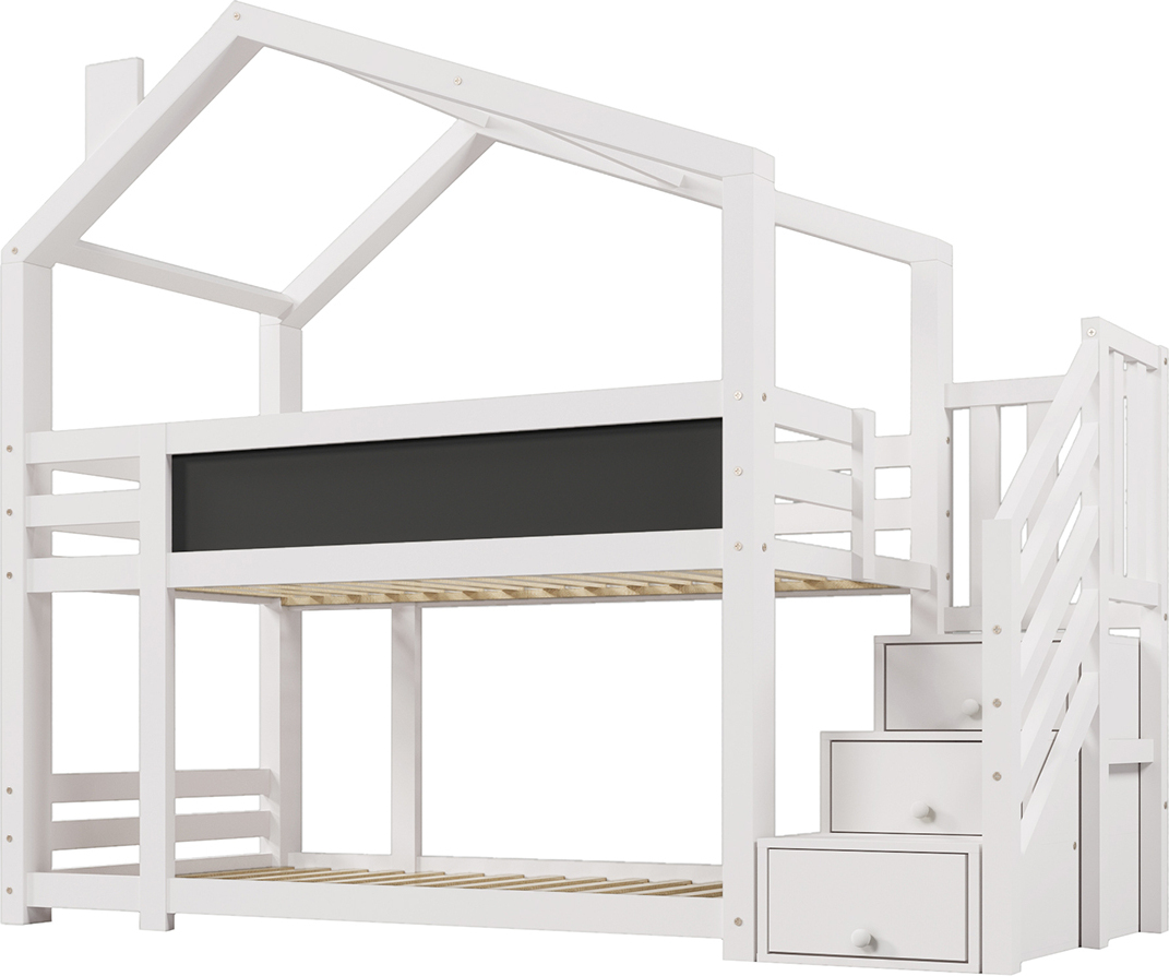 Etagenbett mit Schornstein&Speicherung und Rausfallschutz Kinderbett Hausbett Jugendbett inkl.Tafel- 2x Lattenrost 90 x 200 cm Weiß