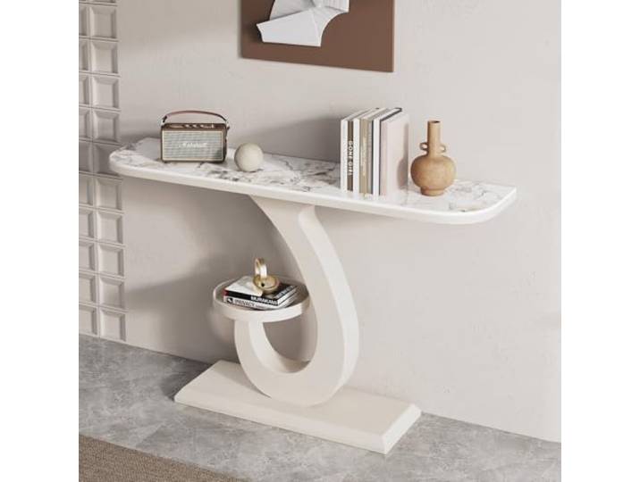 Moderner Konsolentisch mit Sinterstein-Platte & Metallgestell, Flurtisch Sinterstein-Platte, Kratzfest, Stabiler Metallrahmen, Modernes Design, Schmales Profil(White-E,59.1in)