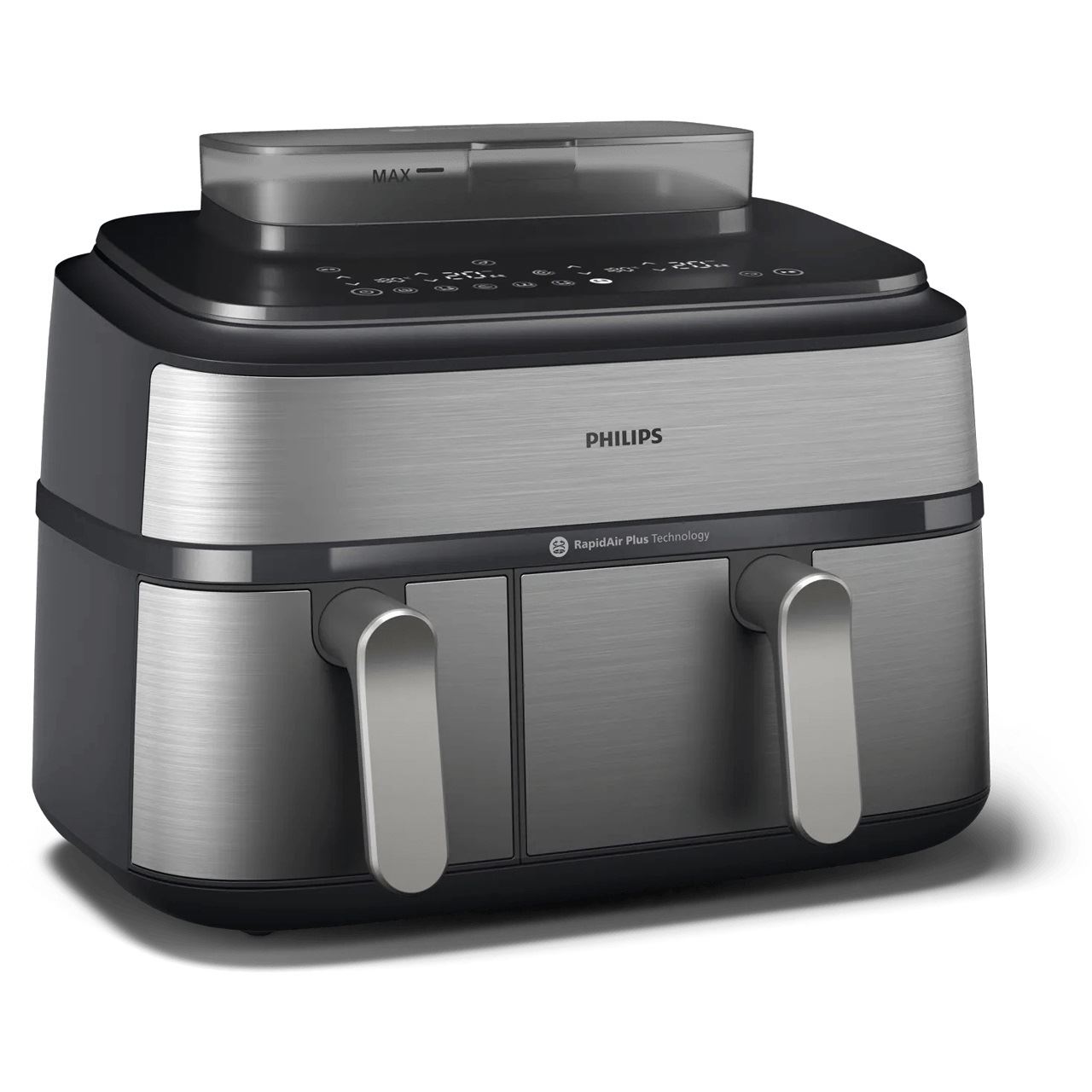 Philips NA555/00 Doppel-Heißluftfritteuse Steam Airfryer 5000 Series (edelstahl/schwarz, 2750 Watt, 2 Körbe 6 Liter + 3 Liter)