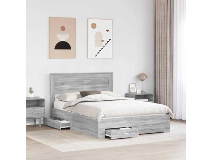 SKTQYQO Boxspringbett Grau Sonoma 140 x 200 cm Technisches Holz, Lattenrost, 2 Schubladen, Metallgriffe, moderner Stil