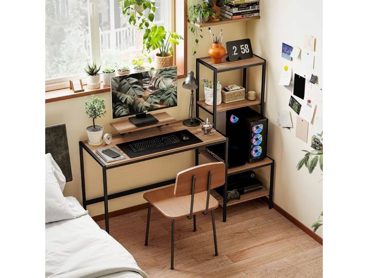 Bureau informatique IVMEU 150 x 48 x 125 cm avec 4 étagères réversibles support écran support CPU marron