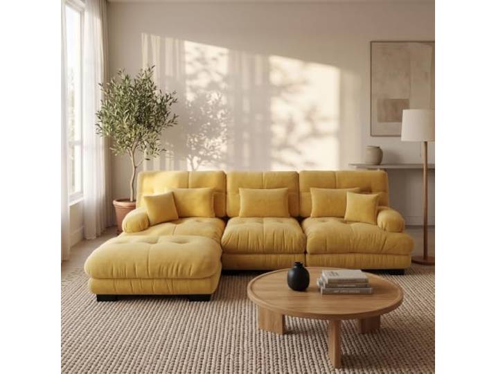 SoarTalent Modulsofa 3-Sitzer 313 cm mit 1 Hocker, Modular in L-Form, Chenille-Stoff, Holzgestell, Gelb